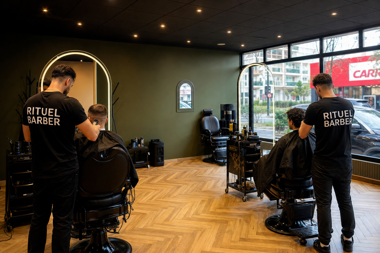 Deux coiffeurs Rituel Barber en plein travail